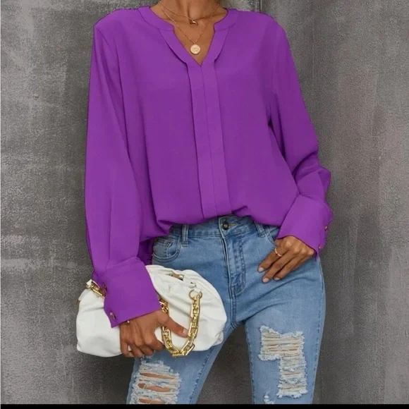 New notched v neck purple long sleeve blouse - Picture 3 of 6